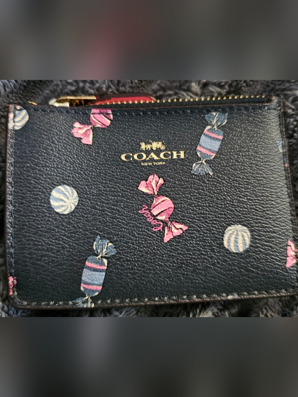 COACH Black Leather Card Case with Pink & Blue Candy Print